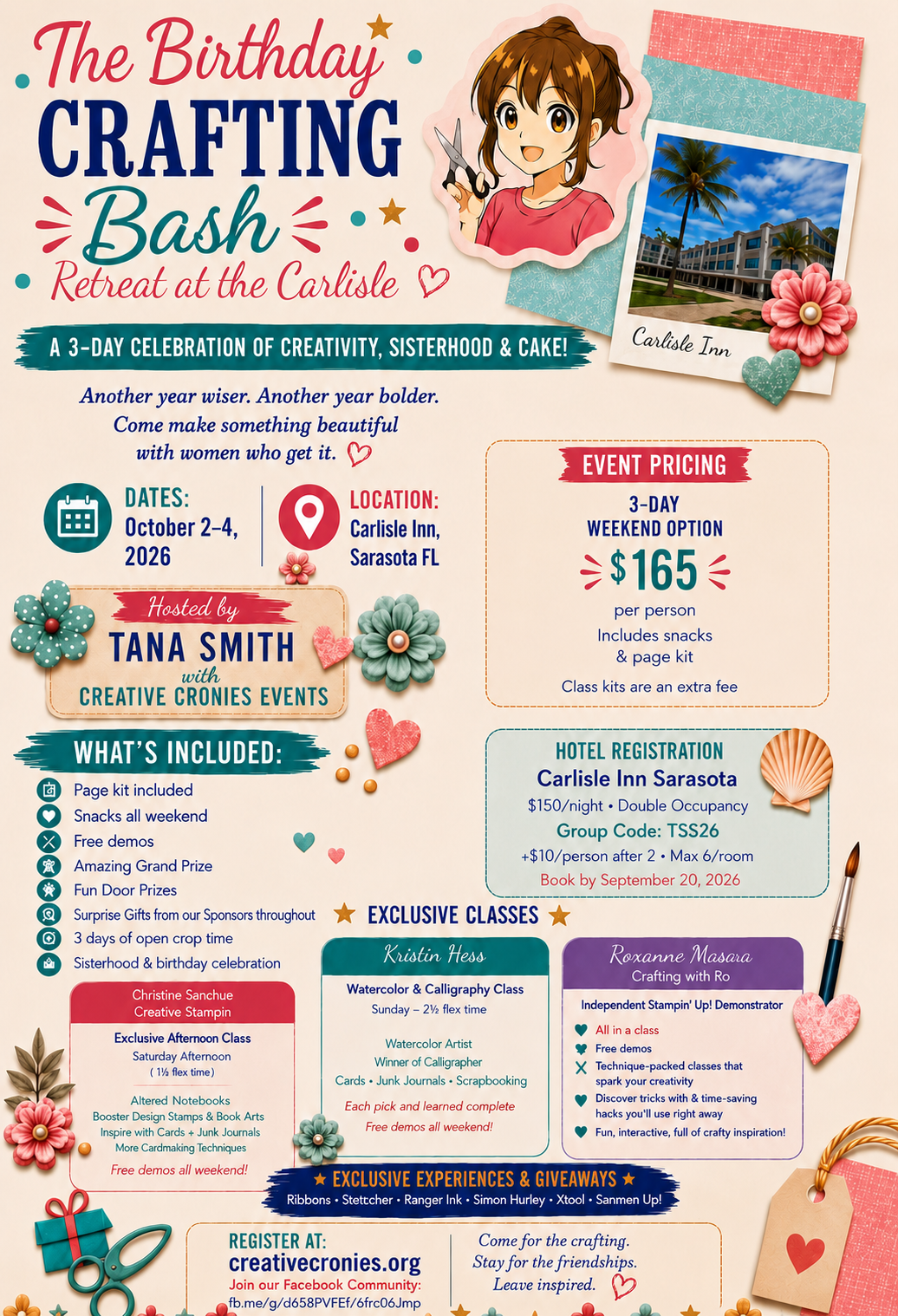 A limited number of 3 day seats available. 2026-October 2-4-Birthday Cake and Crafting with Creative Cronies in Sarasota, FL