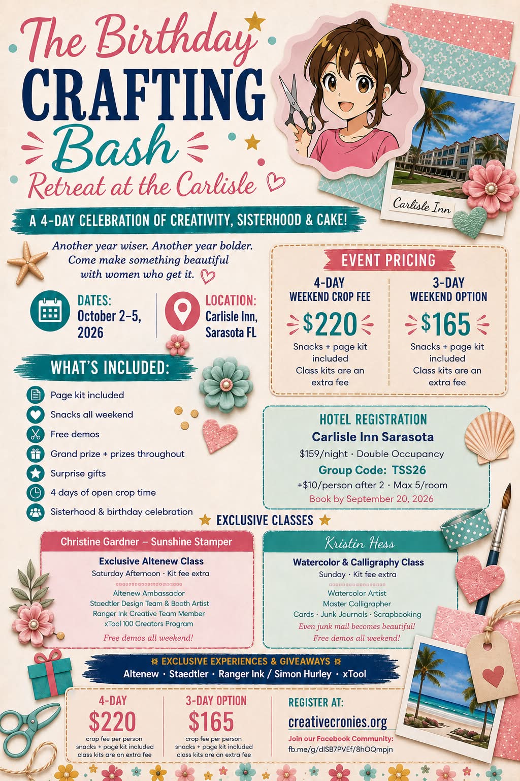 A limited number of 3 day seats available. 2026-October 2-4-Birthday Cake and Crafting with Creative Cronies in Sarasota, FL